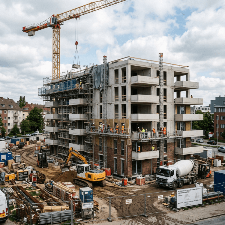 Multi-story residential building under construction with workers, crane, and construction equipment