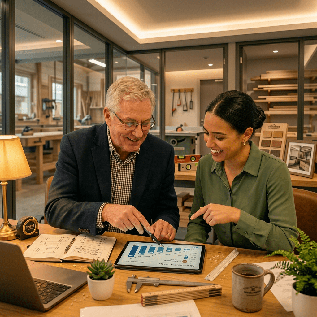 Two professionals reviewing financial bar chart on tablet in office meeting