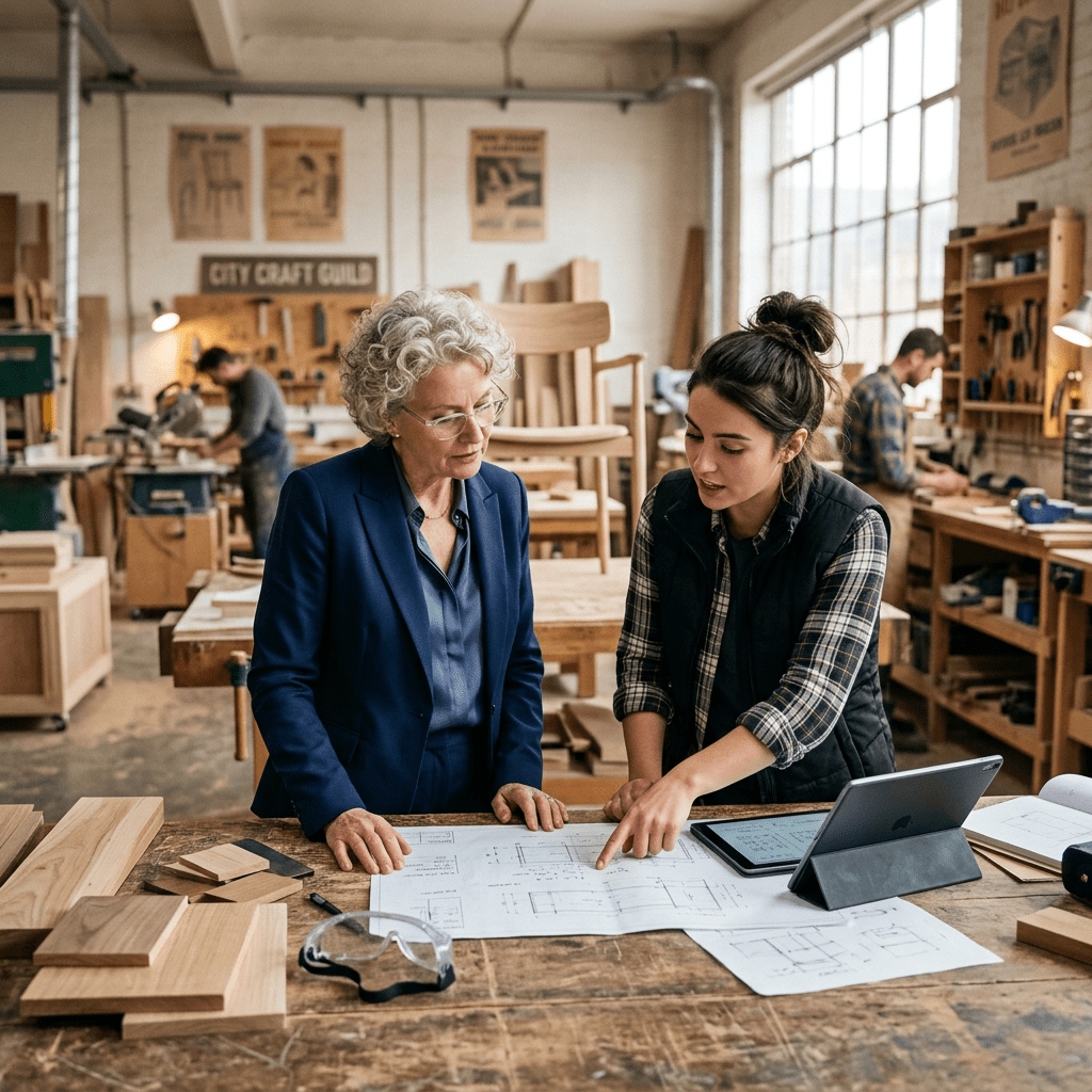 Two women studying woodworking blueprints together in a workshop