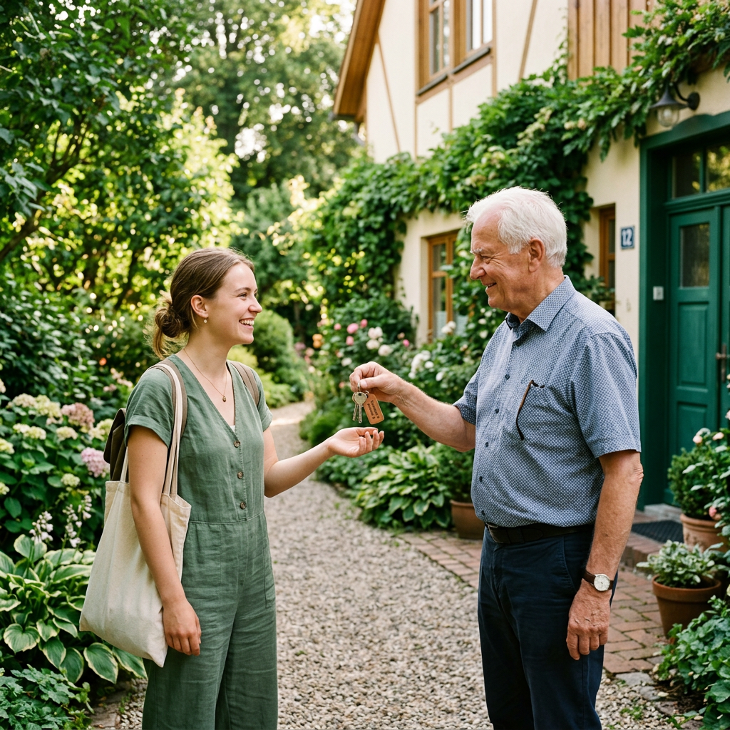 Older man handing house keys to young woman outside a house