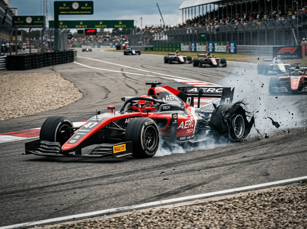 Race car number 47 losing rear tire with smoke and debris on racetrack