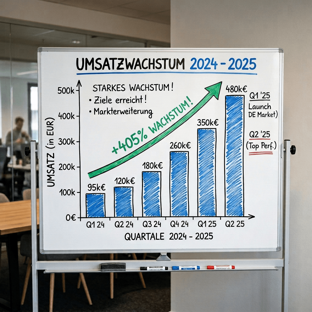 Bar chart on whiteboard showing revenue growth from 95k€ in Q1 2023 to 480k€ in Q2 2024 with 405% growth