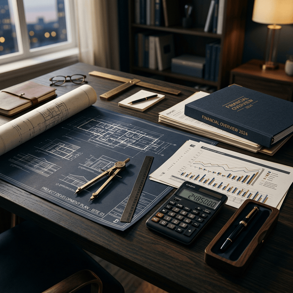 Architectural plans, financial charts, calculator, and Financial Overview 2024 book