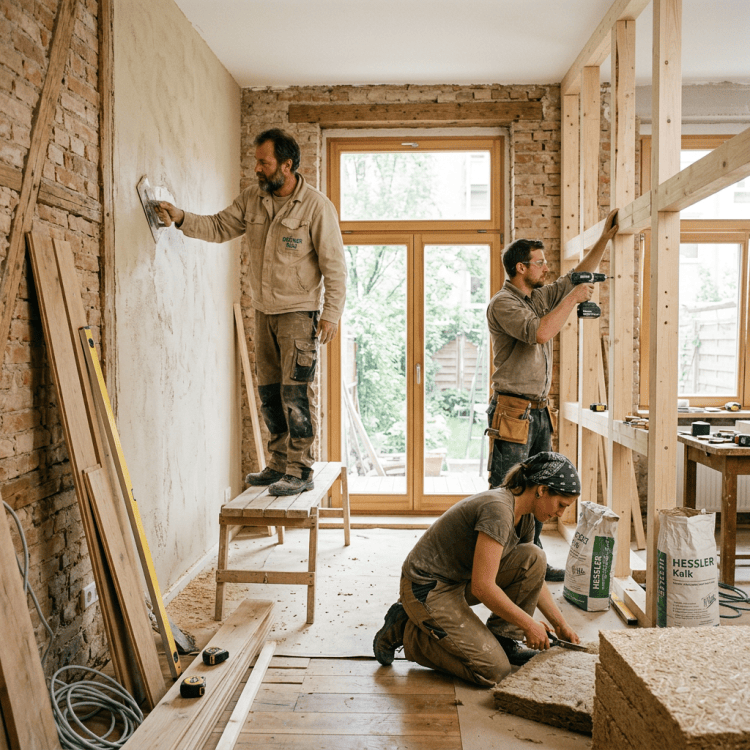 Three builders renovating a brick-walled room with tools and construction materials