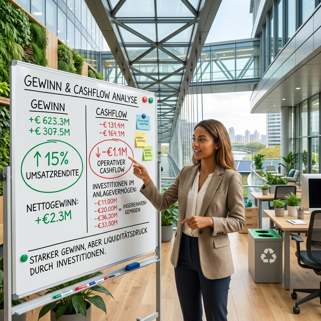 Frau präsentiert eine Gewinn- und Cashflow-Analyse an einem whiteboard in einem modernen Büro. Die Analyse zeigt Gewinnergebnisse, Cashflow-Daten und Investitionen.