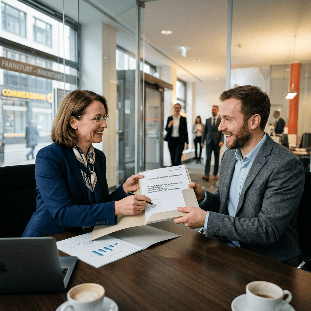 Bankerin und Unternehmer besprechen 70-Prozent-Kredit